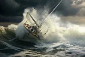 andare in barca barca nel tempestoso mare. 3d rendere illustrazione, vela barca su ruvido acqua, ai generato foto