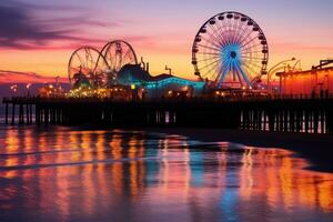 tramonto Visualizza di il molo e il Ferris ruota nel san Francesco, Santa monica molo a tramonto, ai generato foto