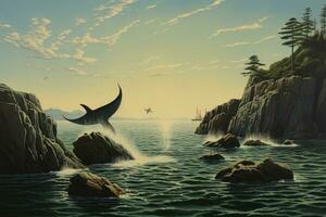 balena nuoto nel il mare. 3d illustrazione. Vintage ▾ stile, paesaggio marino con balena coda, ai generato foto