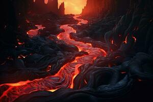 3d illustrazione di un' lava flusso nel un alieno paesaggio con fiamme, fiume di pahoehoe lava fluente giù un' scogliera, ai generato foto