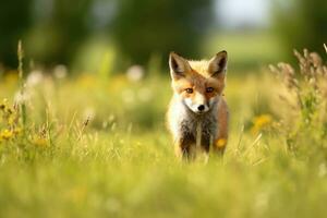 rosso Volpe vulpes vulpes nel il prato, rosso volpi in piedi nel diverso posizioni su un' bianca sfondo, lato Visualizza, ai generato foto