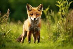 rosso Volpe vulpes vulpes nel il erba, rosso volpi in piedi nel diverso posizioni su un' bianca sfondo, lato Visualizza, ai generato foto