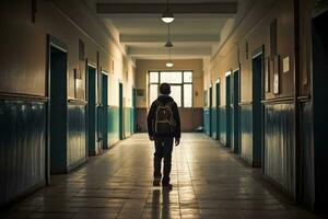 giovane uomo a piedi nel il corridoio di un vecchio scuola edificio a notte, posteriore Visualizza scolaro passeggiate giù il scuola corridoio, ai generato foto