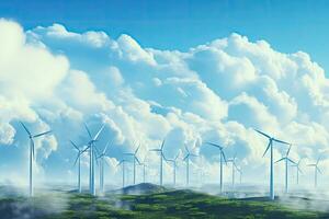 vento turbine generando elettricità con blu cielo e bianca nuvole. 3d rendering, rinnovabile energia con vento turbine raccolta su su il nuvole, ai generato foto