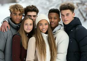 gruppo di giovane persone nel inverno paesaggio. freddo volta. ai generato foto