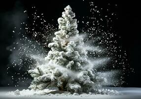 Natale albero con neve isolato su buio sfondo. ai generato foto