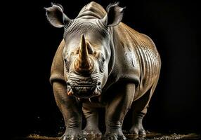 realistico avvicinamento ritratto di un' rinoceronte su buio sfondo. ai generato foto