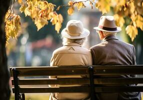 anziano coppia seduta su giardino panchina nel autunno con caduta le foglie. tenerezza e complicità. ai generato foto