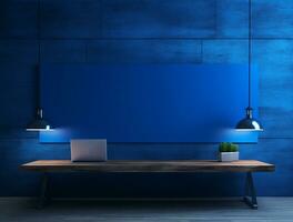 vuoto blu neon leggero moderno interno parete sfondo davanti Visualizza ai generato foto