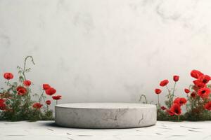 bianca pietra marmo podio con papaveri e campo erbe aromatiche in crescita dietro. grigio minimalista sfondo foto