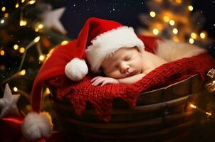 Natale neonato foto sparare. neonato dorme vicino il Natale albero e ghirlande. generativo ai