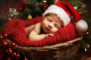 neonato bambino nel un' Santa cappello dorme nel un' di vimini culla sotto un' Natale albero. generativo ai foto