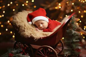 un' neonato bambino nel un' Santa cappello dorme nel un' di vimini culla su ruote sotto un' Natale albero. generativo ai foto