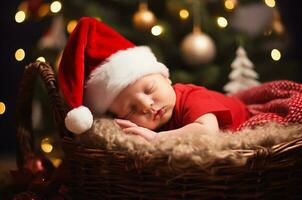 neonato bambino indossare un' Santa cappello dorme nel un' di vimini cestino. generativo ai foto