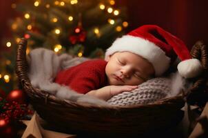 neonato bambino indossare un' Santa cappello dorme nel un' di vimini culla. generativo ai foto