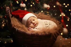 Natale neonato foto sparare. neonato vicino il Natale albero. generativo ai