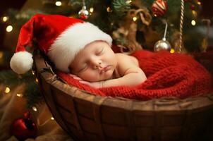 Natale foto sessione di un' neonato. bambino nel un' di legno culla. generativo ai