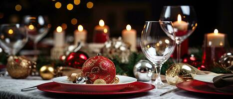 natale tavolo ambientazione, festivo cena decorazione, ai generato foto