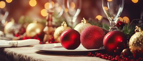 natale tavolo ambientazione, festivo cena decorazione, ai generato foto