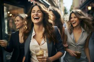 bellissimo sorridente caucasico attività commerciale donna è Tenere caffè tazza e a piedi con amici su strada nel il città. ai generato foto