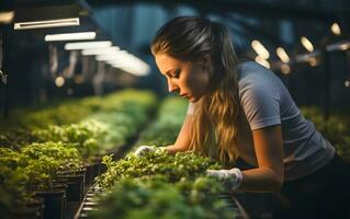 giovane attraente caucasico donna raccolta e giardinaggio per verdura nel un' serra. agricoltore per biologico verdure agricoltura. ai generato foto