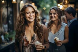 bellissimo sorridente caucasico attività commerciale donna è Tenere caffè tazza e a piedi con amici su strada nel il città. ai generato foto