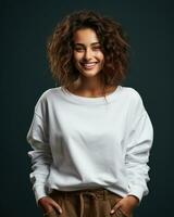 giovane donna sorridente indossare felpa isolato foto