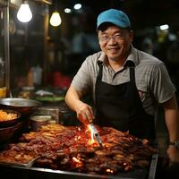 un' foto di asiatico anziano uomo vendita grigliato pollo a strada cibo mercato nel bangkok, Tailandia generativo ai