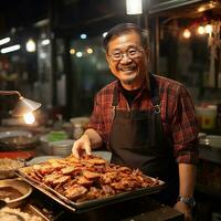 un' immagine di asiatico anziano uomo vendita grigliato pollo a strada cibo mercato nel bangkok Tailandia generativo ai foto