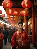 asiatico donna nel rosso vestito cheongsam nel tempio per Cinese nuovo anno. foto