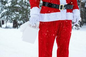 Santa Claus all'aperto nel inverno e neve passaggio nel mano carta borse con mestiere regalo, cibo consegna. acquisti, confezione raccolta differenziata, fatto a mano, consegna per Natale e nuovo anno foto