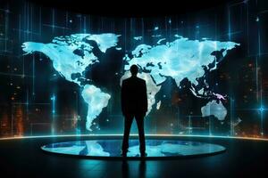 posteriore Visualizza di uomo d'affari in piedi nel davanti di virtuale mondo carta geografica. 3d rendering, silhouette di un' uomo d'affari in piedi nel davanti di un' gigante ologramma schermo mostrando un' mondo carta geografica, ai generato foto