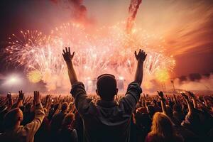folla applauso a un' musica Festival con fuochi d'artificio che esplode nel il cielo, posteriore Visualizza di il folla applauso a un' musica Festival con fuochi d'artificio nel il sfondo, ai generato foto