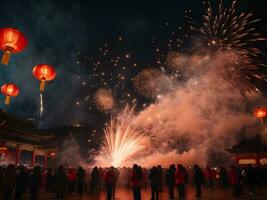 fuoco cracker a tempio festeggiare per Cinese nuovo anno. foto