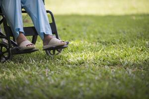 primo piano, solitario, donna anziana, seduta, su, sedia a rotelle, a, garden foto