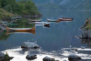 pesca barca nel porto reina, lofoten isole, Norvegia foto