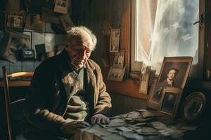 anziano uomo seduta di il finestra nel un vecchio appartamento, vecchio foto nel mano, solitudine