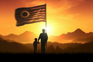 silhouette di padre e figlio Tenere il bandiera di il repubblica di il sole, silhouette di padre e figlio hold il bandiera di Malaysia, ai generato foto