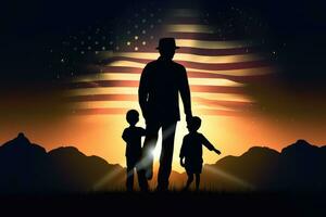 silhouette di padre con figlio e figlia su americano bandiera sfondo, silhouette di padre e figlio hold il bandiera di Malaysia, ai generato foto