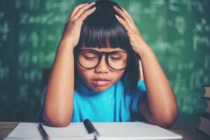 ragazza preoccupata in classe con le mani sulla testa foto