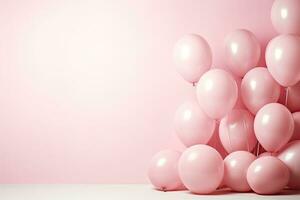 generativo ai, un' compleanno concetto, leggero rosa Palloncino pieno sfondo. copia spazio foto