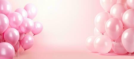 generativo ai, un' compleanno concetto, leggero rosa Palloncino pieno sfondo. copia spazio foto