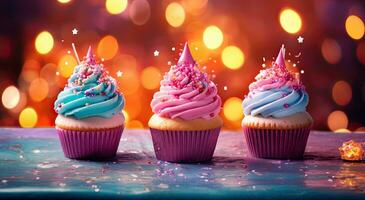 generativo ai, colorato cupcakes con un' rosa glassa con scintillante coriandoli caduta dietro a foto