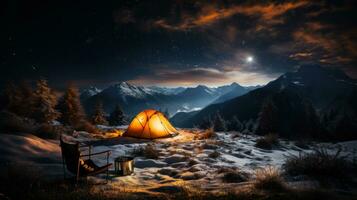 campeggio nel il montagne a notte con un' tenda e un' sedia. foto