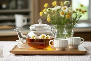di legno vassoio con teiera, tazze di naturale camomilla tè e fiori su tavolo. generativo ai foto