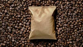 superiore Visualizza caffè fagioli con vuoto carta Borsa per sfondo, buio arrostito, bar attività commerciale concetto, sfondo, sfondo, caffè industriale, mondo caffè giorno, generativo ai foto