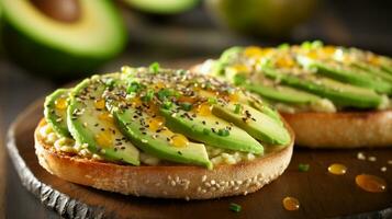 ai generativo di tostato inglese focaccina è sormontato con cremoso avocado, ornato con un' spruzzatina di sale e Pepe. è un' delizioso miscela di croccante e liscio trame, un' Perfetto prima colazione o merenda. foto