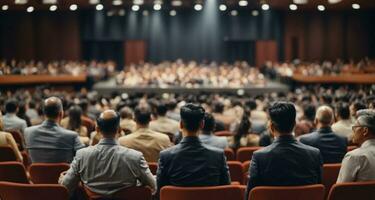 attività commerciale e imprenditoria simposio. altoparlante dando un' parlare a attività commerciale incontro. pubblico nel conferenza sala., ai generativo foto