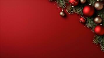 rosso sfondo, decorato con Natale sfera, copia spazio superiore Visualizza, lussuoso decorazione sfondo ai generato foto