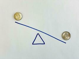 UK uno libbra e noi trimestre dollaro monete su disegnato bilancia foto